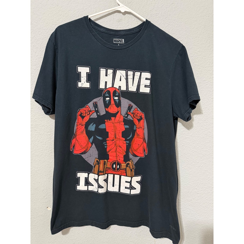 Marvel Deadpool I Have Issues Graphic T-Shirt Mens Large Black Slim Fit Tee